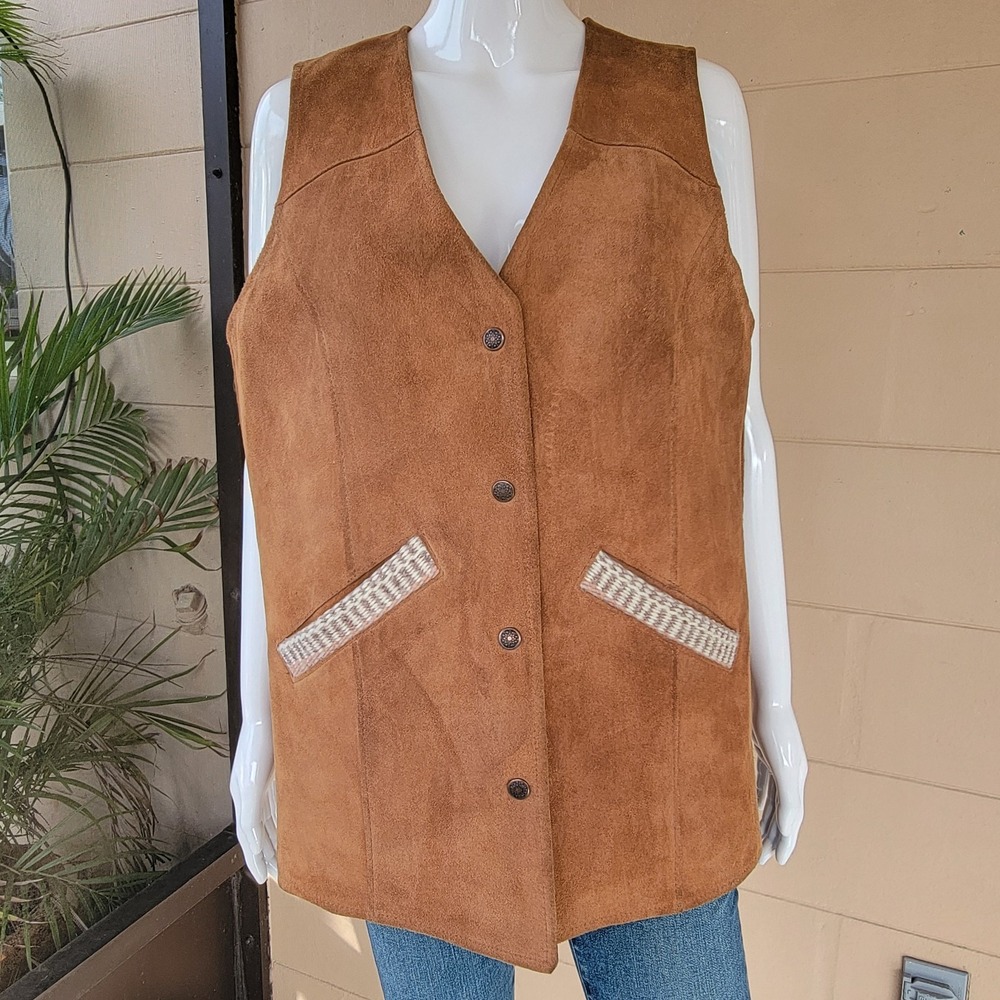 Golden Pioneer Wear Suede Jacket VTG 80s Women's 14 Leather Vest Tan Yei Blanket